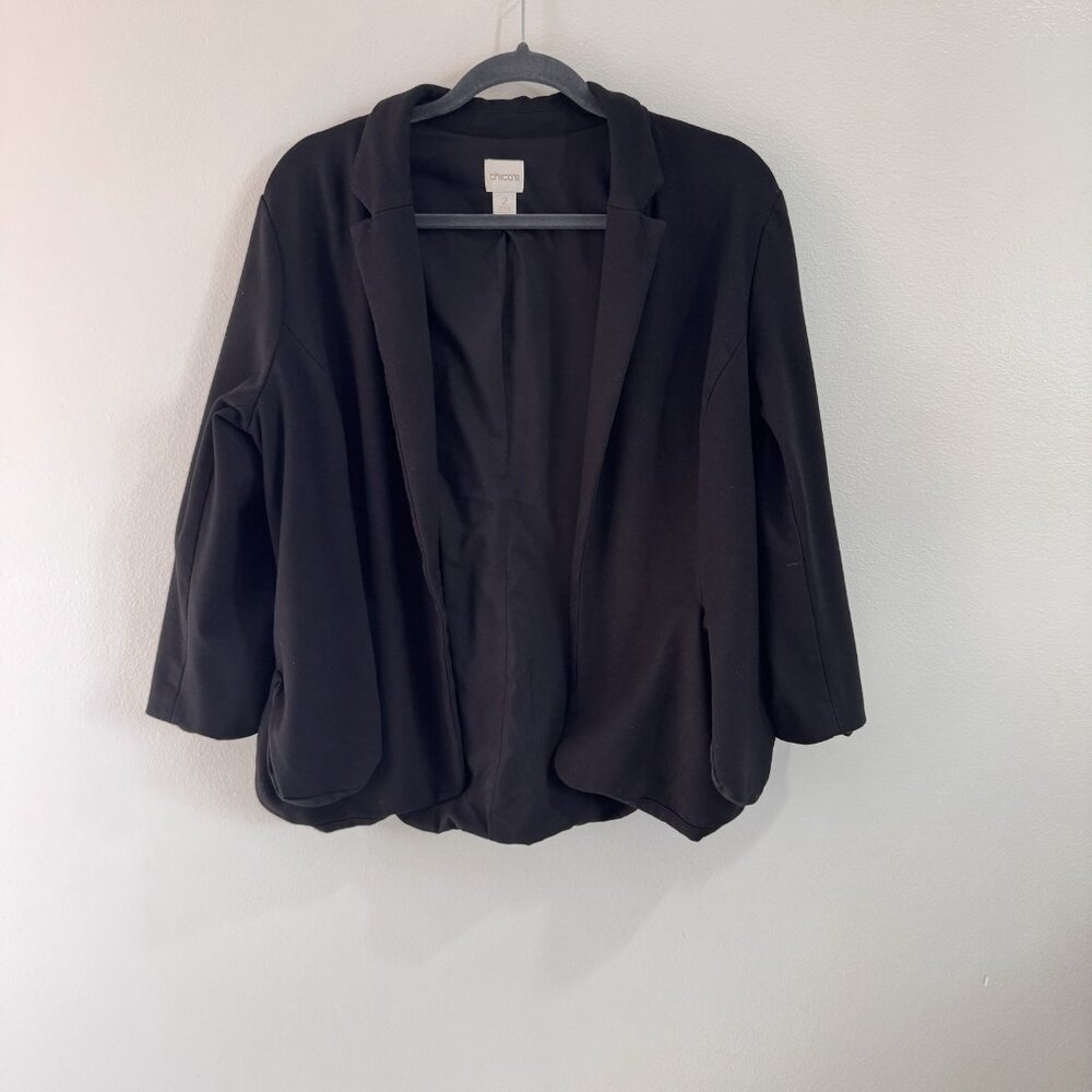 Chico's Blazer Jacket 2 / L Black Jersey Knit Stretch Open Front 3/4 Sleeves